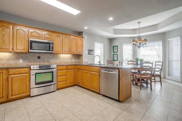 kitchen featuring appliances with stainless steel finishes, pendant lighting, sink, kitchen peninsula, and a raised ceiling