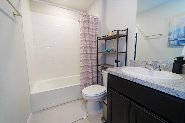 full bathroom with vanity, shower / tub combo with curtain, tile patterned floors, and toilet