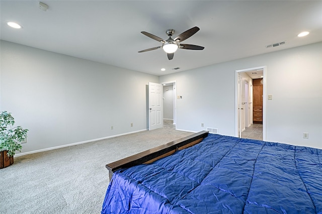 bedroom featuring baseboards, visible vents, carpet flooring, and recessed lighting