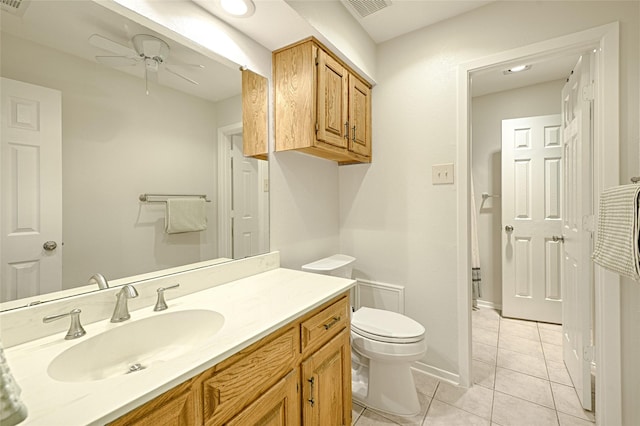 bathroom with visible vents, toilet, ceiling fan, vanity, and tile patterned flooring