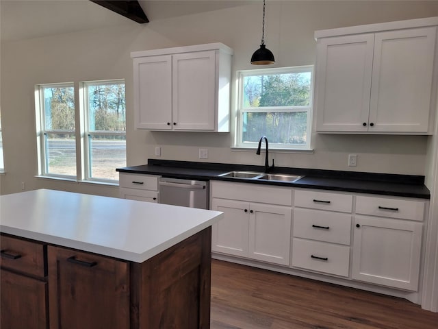 kitchen with sink, hanging light fixtures, dark hardwood / wood-style floors, dishwasher, and white cabinets