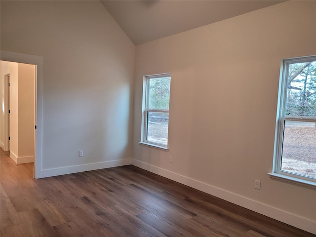 spare room featuring a healthy amount of sunlight, vaulted ceiling, and wood-type flooring