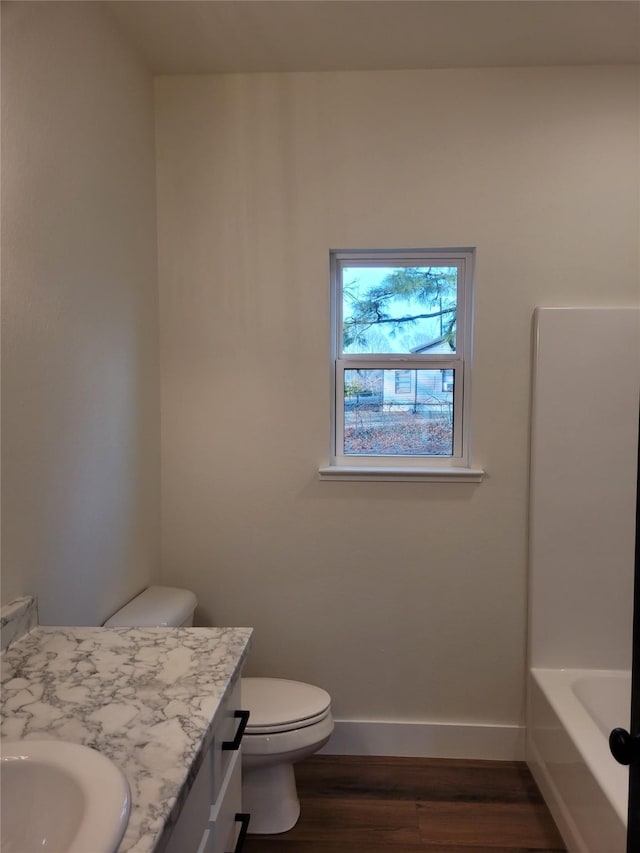 bathroom with vanity, hardwood / wood-style floors, and toilet