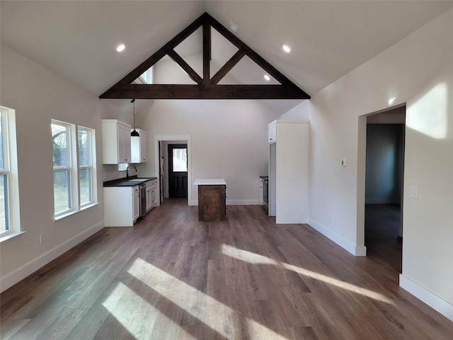 unfurnished living room with high vaulted ceiling, sink, and dark hardwood / wood-style floors