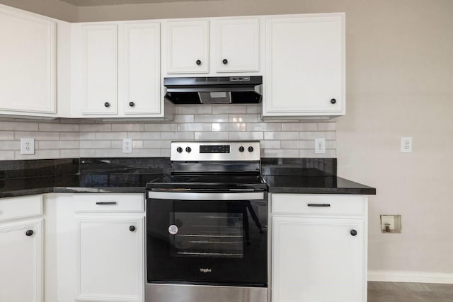 kitchen with white cabinets, backsplash, stainless steel range with electric stovetop, and range hood