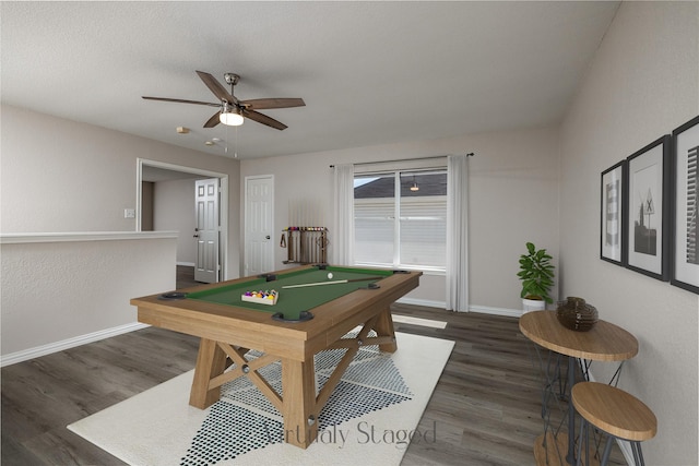 playroom with dark wood-type flooring, billiards, and baseboards