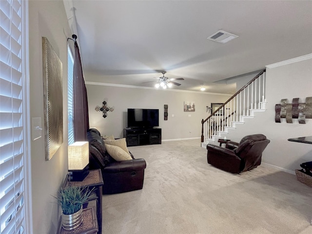 4155 Nia Dr, Irving, TX 75038 - carpeted living area with stairs, ornamental molding, a ceiling fan, and baseboards