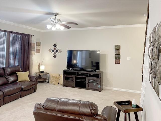 4155 Nia Dr, Irving, TX 75038 - carpeted living room featuring crown molding and ceiling fan