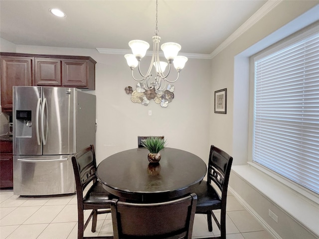 4155 Nia Dr, Irving, TX 75038 - dining space featuring light tile patterned flooring, a chandelier, crown molding, baseboards, and recessed lighting
