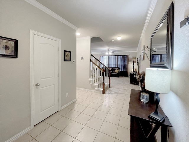 4155 Nia Dr, Irving, TX 75038 - corridor featuring crown molding, stairway, light tile patterned flooring, and baseboards