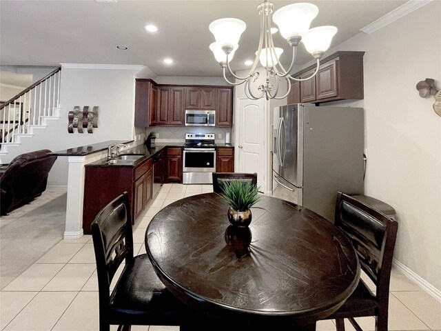 4155 Nia Dr, Irving, TX 75038 - dining area with a chandelier, light tile patterned floors, baseboards, crown molding, and recessed lighting