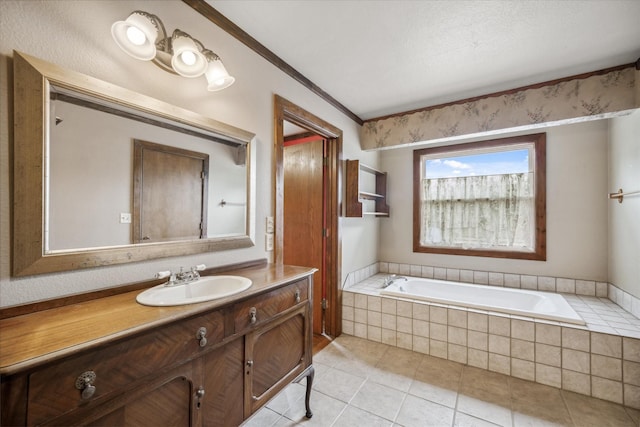 bathroom featuring vanity, tiled bath, and tile patterned flooring