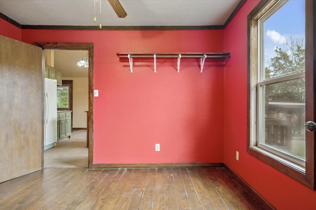 unfurnished room with wood-type flooring, ornamental molding, and ceiling fan