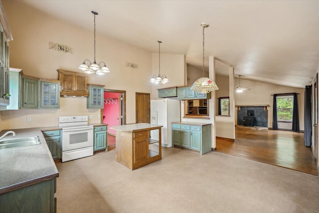 kitchen featuring pendant lighting, white appliances, a center island, and sink