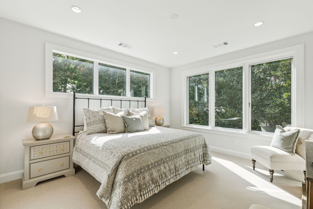 bedroom with light colored carpet and multiple windows