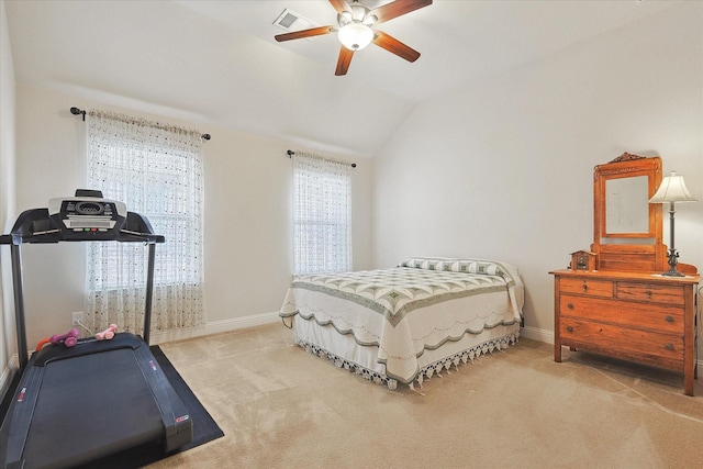 carpeted bedroom with lofted ceiling and ceiling fan