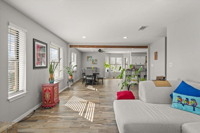 living room featuring hardwood / wood-style floors and ceiling fan