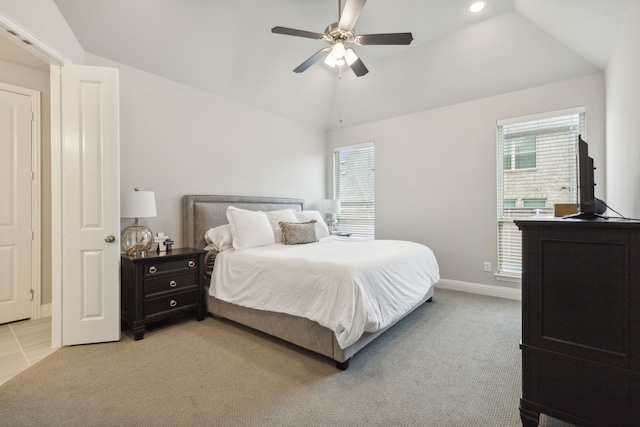 bedroom with baseboards, recessed lighting, ceiling fan, vaulted ceiling, and light carpet