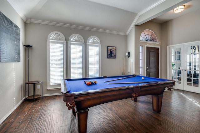 playroom featuring dark hardwood / wood-style flooring, crown molding, pool table, and french doors