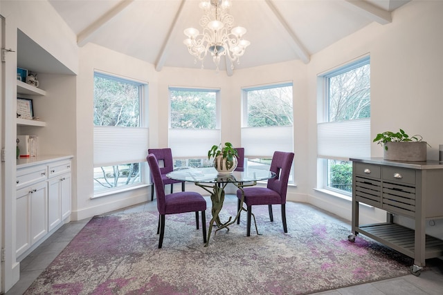 tiled dining space featuring vaulted ceiling with beams and a notable chandelier