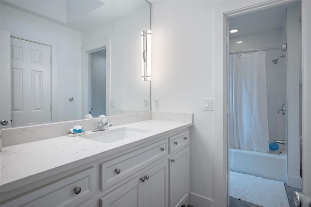 bathroom with vanity and shower / tub combo with curtain