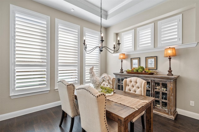 dining space featuring a notable chandelier, a tray ceiling, ornamental molding, and dark hardwood / wood-style floors