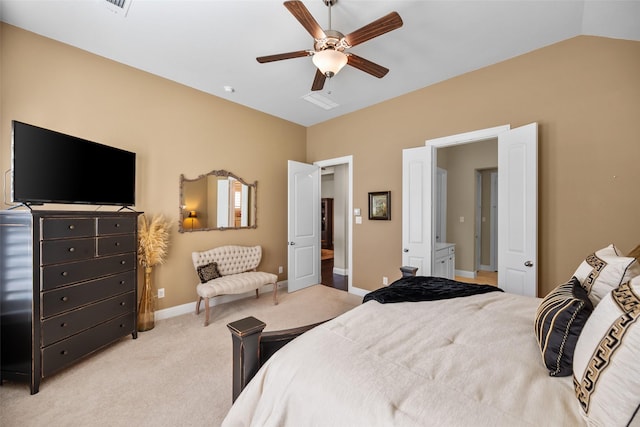 carpeted bedroom with lofted ceiling and ceiling fan