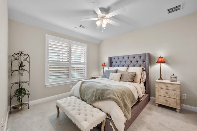 carpeted bedroom featuring ceiling fan