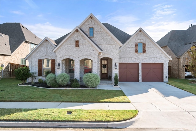 french provincial home with a garage and a front yard