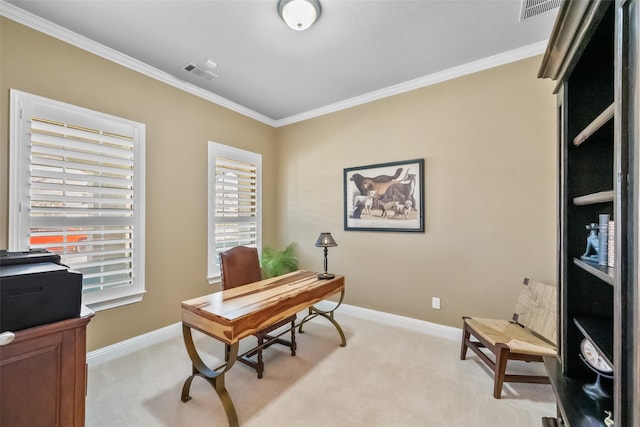 office with ornamental molding and light carpet