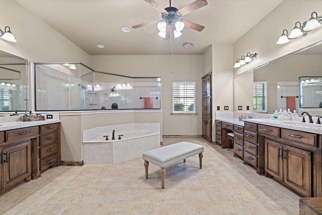 bathroom featuring vanity, tile patterned floors, and ceiling fan