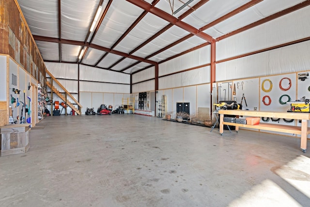 garage with a workshop area