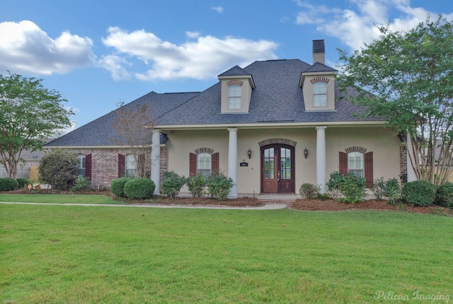 view of front of home featuring french doors, covered porch, and a front lawn