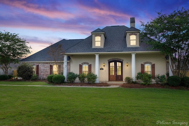 view of front facade featuring a yard and french doors