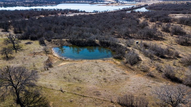 birds eye view of property featuring a water view and a wooded view