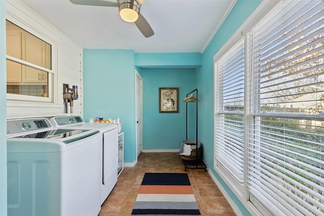 washroom featuring baseboards, washer and clothes dryer, light tile patterned floors, laundry area, and a ceiling fan