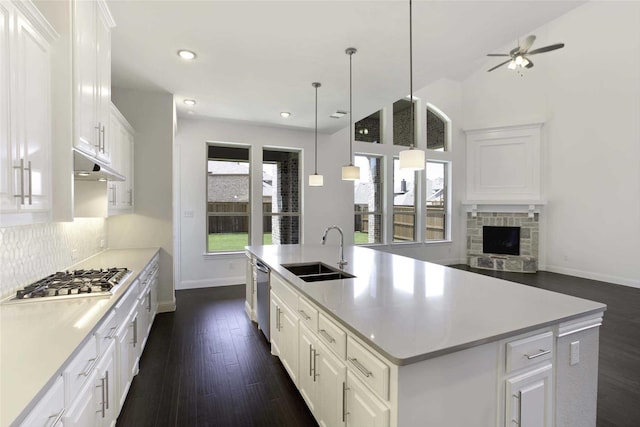 kitchen with white cabinets, stainless steel appliances, sink, and a large island with sink