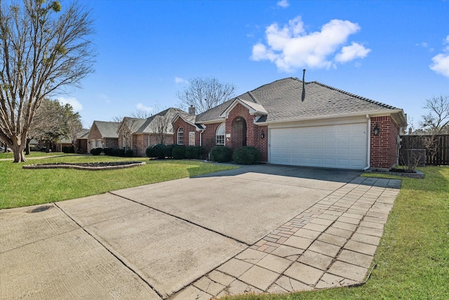 ranch-style home featuring a garage and a front yard