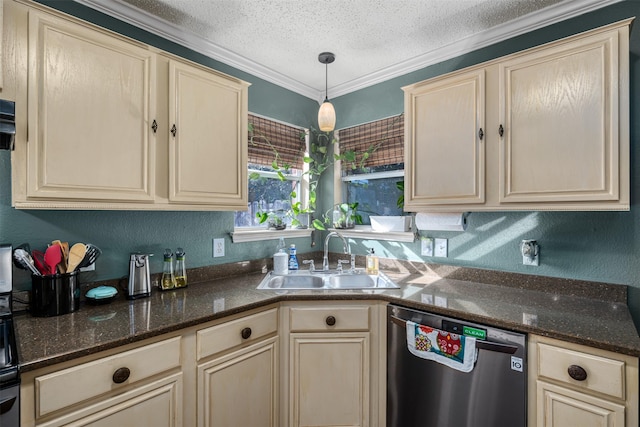 kitchen featuring pendant lighting, sink, dark stone counters, stainless steel dishwasher, and a textured ceiling