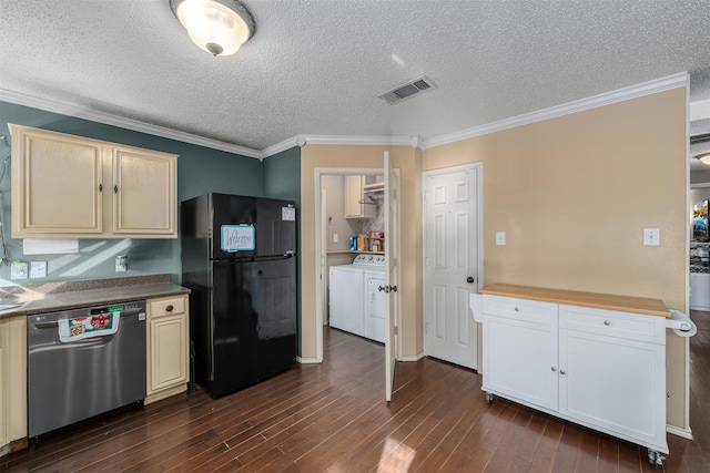 kitchen with black fridge, crown molding, dark hardwood / wood-style floors, dishwasher, and washer and clothes dryer