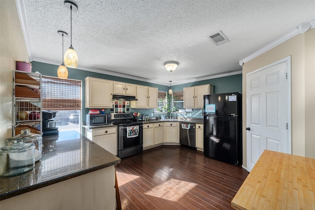 kitchen with pendant lighting, crown molding, dark hardwood / wood-style flooring, and stainless steel appliances