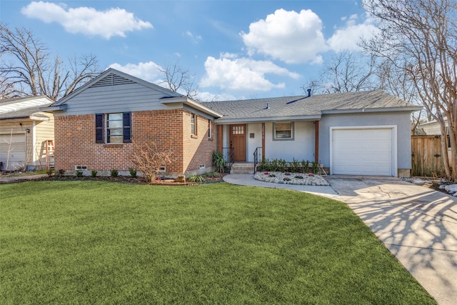 ranch-style home featuring brick siding, concrete driveway, crawl space, fence, and a garage