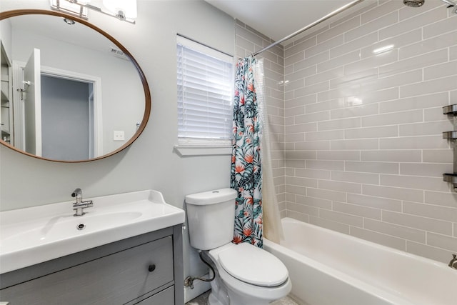 bathroom with visible vents, toilet, vanity, and shower / bath combination with curtain