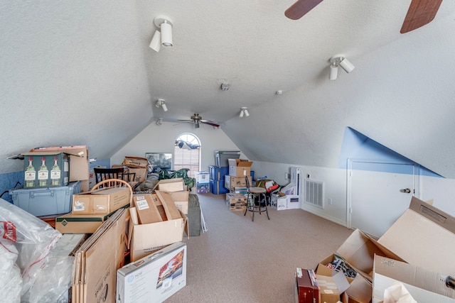 additional living space featuring ceiling fan, lofted ceiling, carpet, and a textured ceiling