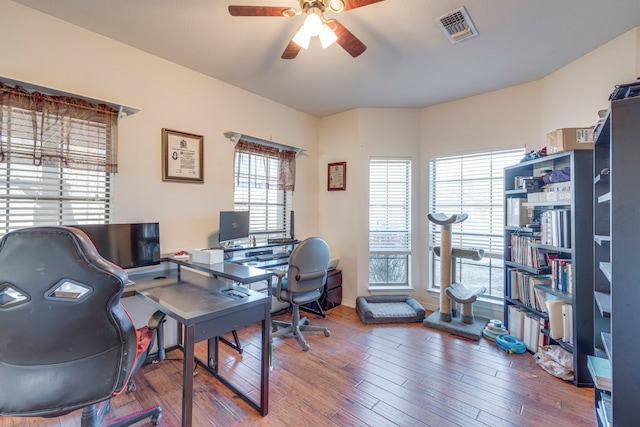 office space with ceiling fan and hardwood / wood-style floors