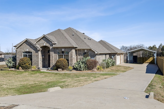 french country home featuring a front lawn and a carport