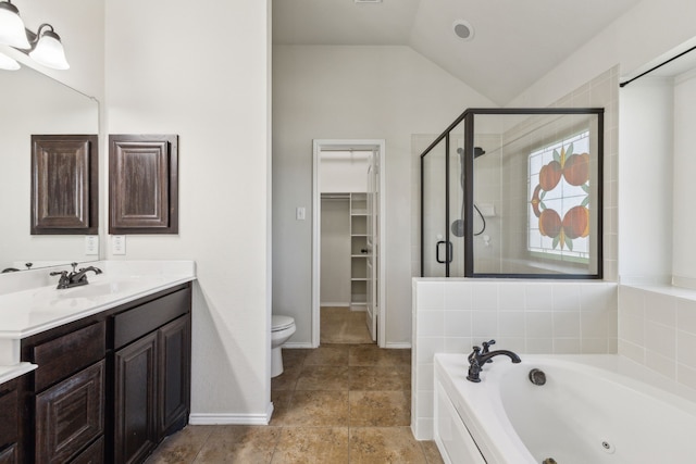 full bathroom featuring lofted ceiling, vanity, plus walk in shower, and toilet