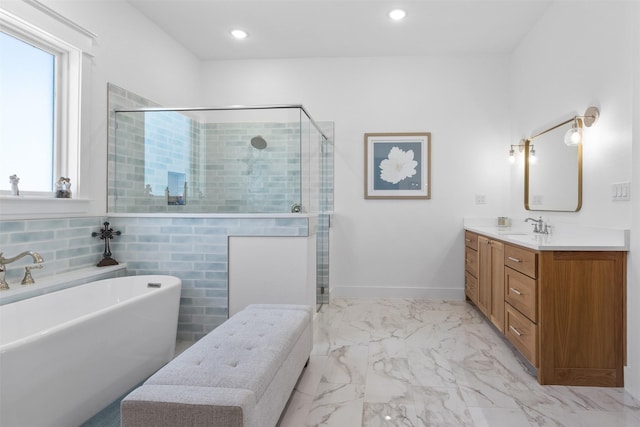 bathroom with vanity and separate shower and tub