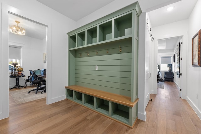 mudroom with a barn door, plenty of natural light, and light wood-type flooring