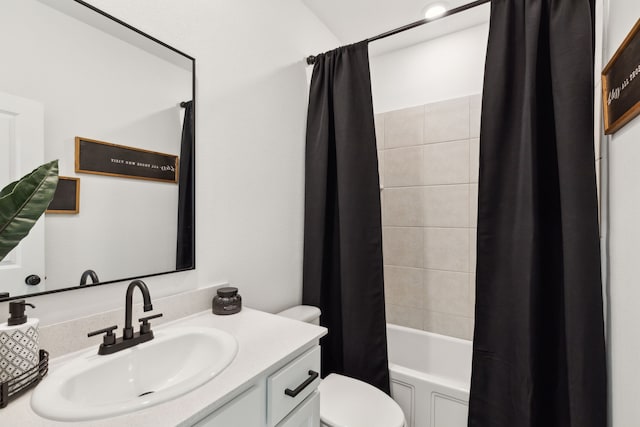 full bathroom with vanity, shower / bathtub combination with curtain, and toilet